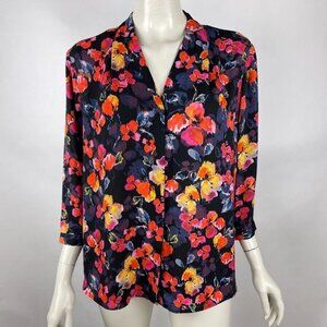 Investments Floral Blouse Womens P XL NWT Button-Up 3/4‎ Sleeve V-neck Top Shirt